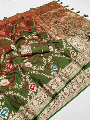 Mehendi Color  Zari & Meenakari Weawing Border Work  Banarasi Silk Saree  3