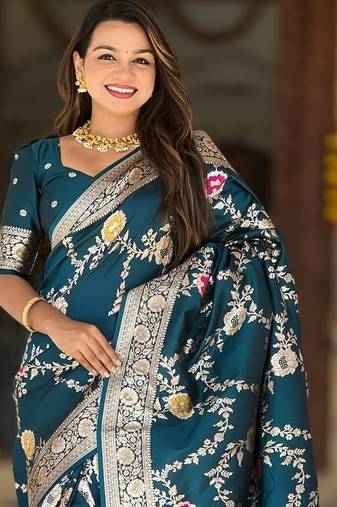 Teal Color  Zari & Meenakari Weawing Border Work  Banarasi Silk Saree 
