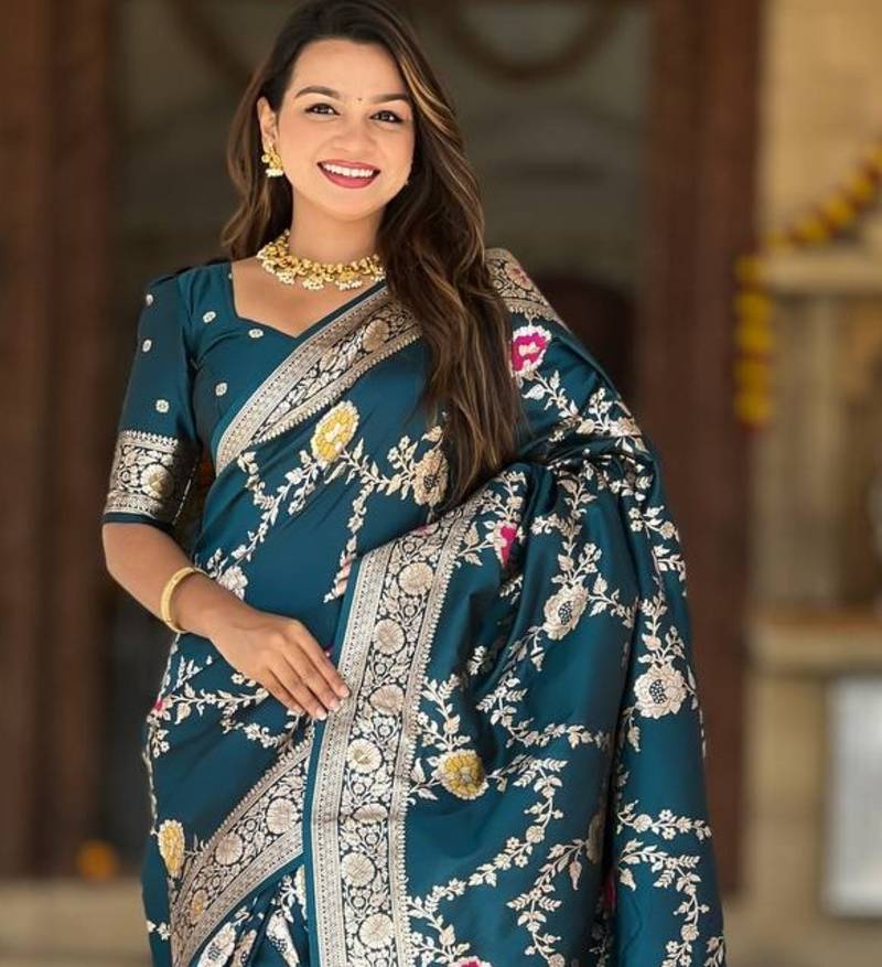 Teal Color  Zari & Meenakari Weawing Border Work  Banarasi Silk Saree 