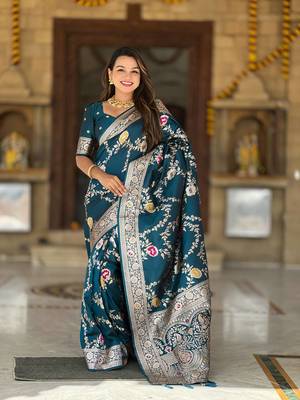 Teal Color  Zari & Meenakari Weawing Border Work  Banarasi Silk Saree  2
