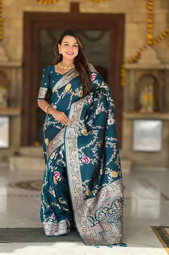 Teal Color  Zari & Meenakari Weawing Border Work  Banarasi Silk Saree 