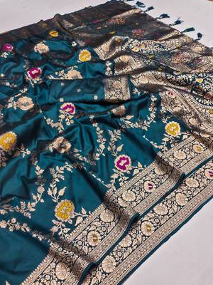 Teal Color  Zari & Meenakari Weawing Border Work  Banarasi Silk Saree  3