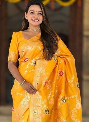 Yellow Color  Zari & Meenakari Weawing Border Work  Banarasi Silk Saree  2