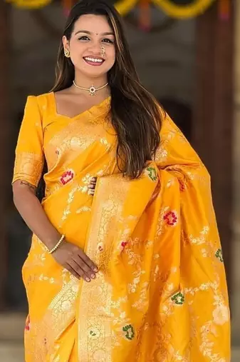 Yellow Color  Zari & Meenakari Weawing Border Work  Banarasi Silk Saree 