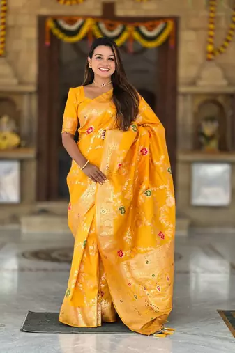 Yellow Color  Zari & Meenakari Weawing Border Work  Banarasi Silk Saree 