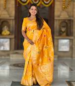 Yellow Color  Zari & Meenakari Weawing Border Work  Banarasi Silk Saree 