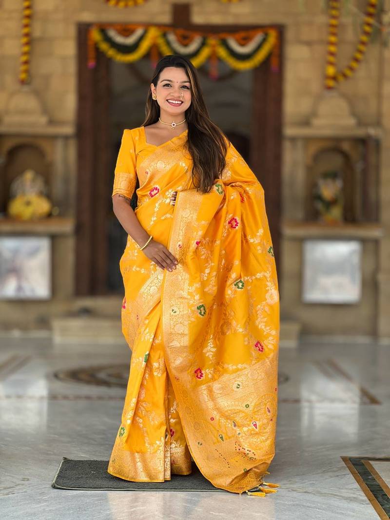 Yellow Color  Zari & Meenakari Weawing Border Work  Banarasi Silk Saree 