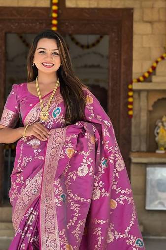 Plum Color  Zari & Meenakari Weawing Border Work  Banarasi Silk Saree 