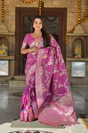 Plum Color  Zari & Meenakari Weawing Border Work  Banarasi Silk Saree 
