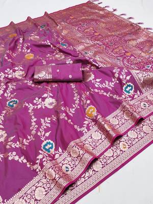 Plum Color  Zari & Meenakari Weawing Border Work  Banarasi Silk Saree  3