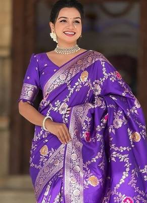 Purple Color  Zari & Meenakari Weawing Border Work  Banarasi Silk Saree  2