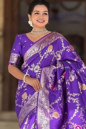 Purple Color  Zari & Meenakari Weawing Border Work  Banarasi Silk Saree 