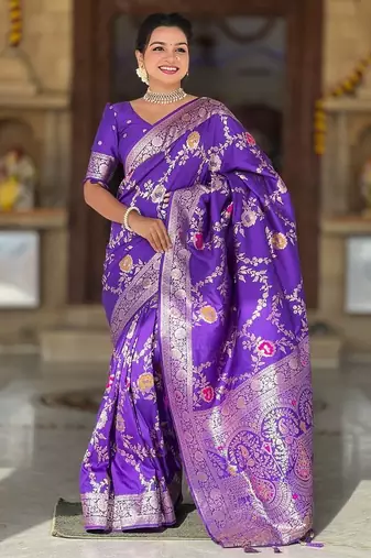 Purple Color  Zari & Meenakari Weawing Border Work  Banarasi Silk Saree 