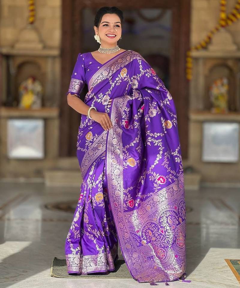 Purple Color  Zari & Meenakari Weawing Border Work  Banarasi Silk Saree 