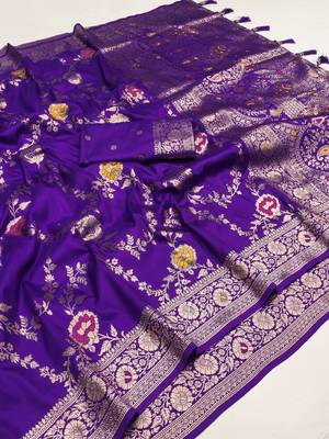 Purple Color  Zari & Meenakari Weawing Border Work  Banarasi Silk Saree  3