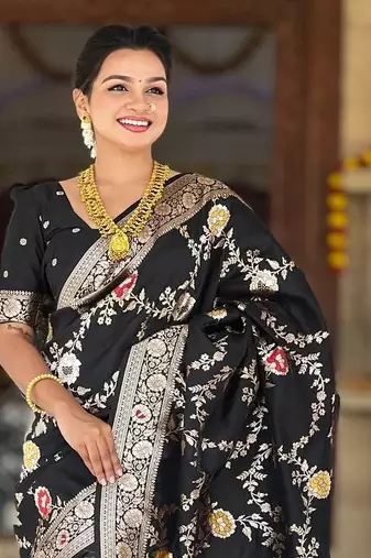 Black Color  Zari & Meenakari Weawing Border Work  Banarasi Silk Saree 