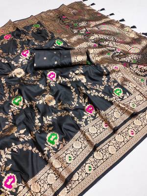 Black Color  Zari & Meenakari Weawing Border Work  Banarasi Silk Saree  3