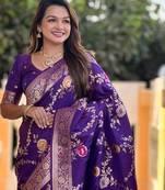 Violet Color  Zari & Meenakari Weawing Border Work  Banarasi Silk Saree 