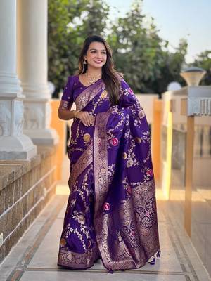 Violet Color  Zari & Meenakari Weawing Border Work  Banarasi Silk Saree  2