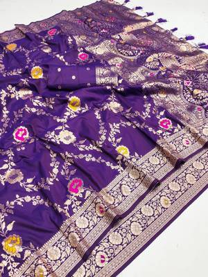 Violet Color  Zari & Meenakari Weawing Border Work  Banarasi Silk Saree  3