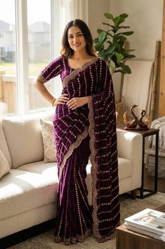 Plum Color Beads and Sequence Embroidery Work space silk Saree 