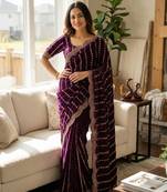 Plum Color Beads and Sequence Embroidery Work space silk Saree 