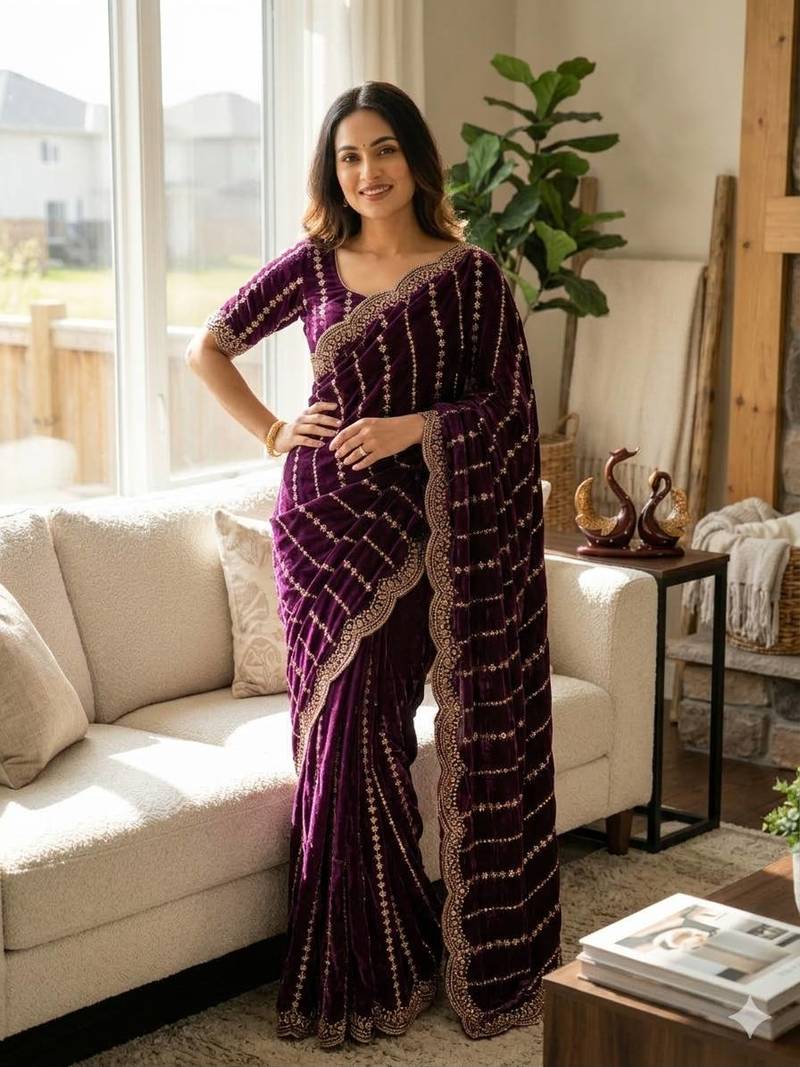 Plum Color Beads and Sequence Embroidery Work space silk Saree 