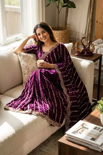 Plum Color Beads and Sequence Embroidery Work space silk Saree 