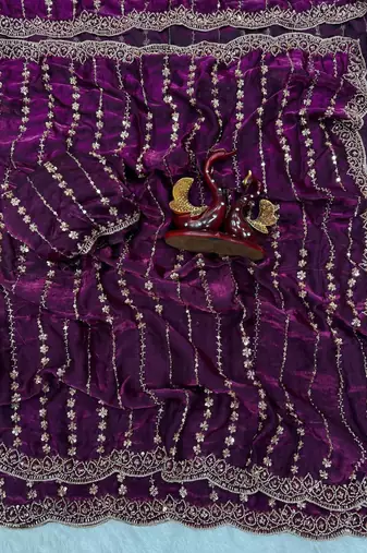 Plum Color Beads and Sequence Embroidery Work space silk Saree 