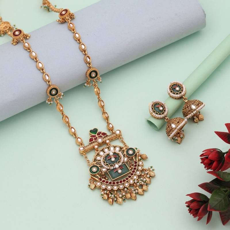 Multi color meena work matte gold necklace set