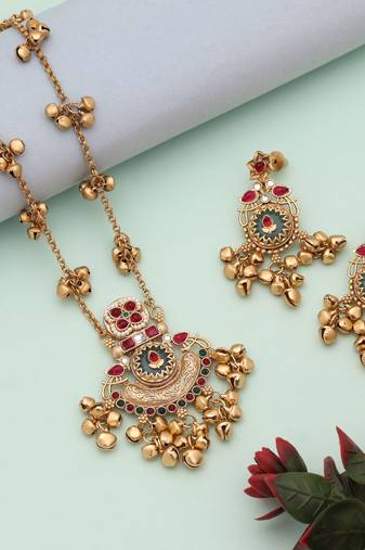 Rani & green color matte gold necklace set