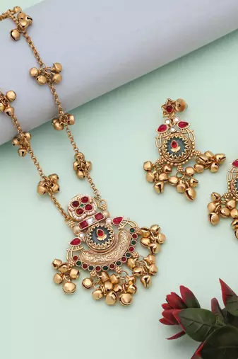 Rani & green color matte gold necklace set