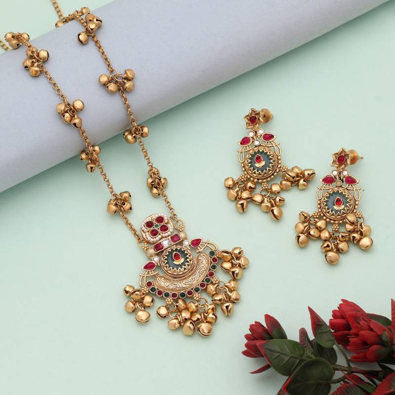 Rani & green color matte gold necklace set