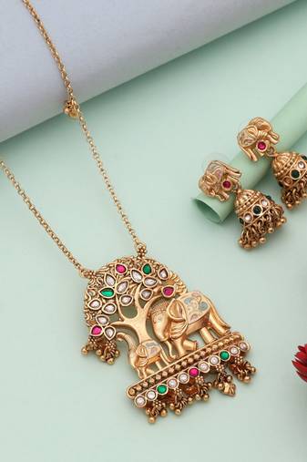 Multi color elephant design meena work matte gold necklace set