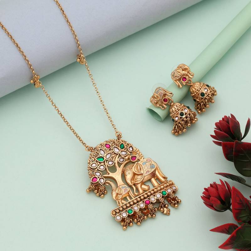 Multi color elephant design meena work matte gold necklace set