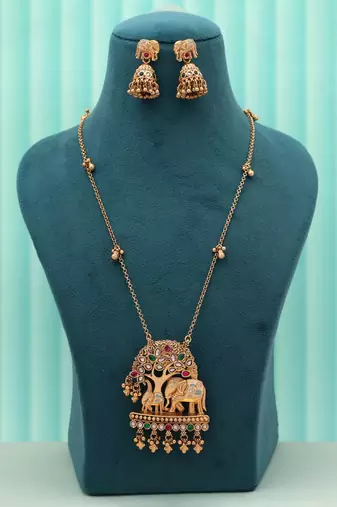 Multi color elephant design meena work matte gold necklace set