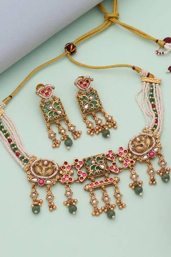 Pista green & rani color choker matte gold necklace set
