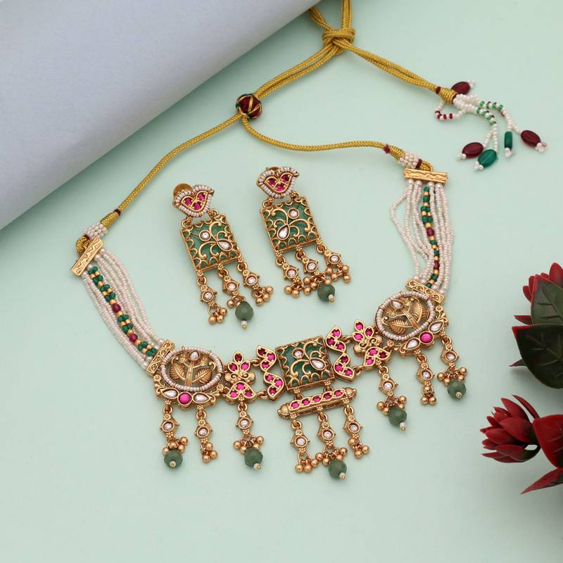 Pista green & rani color choker matte gold necklace set