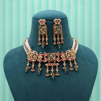 Pista green & rani color choker matte gold necklace set 2
