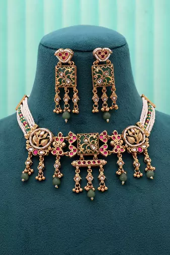 Pista green & rani color choker matte gold necklace set