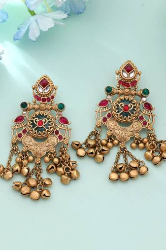 Rani & green color matte gold earrings