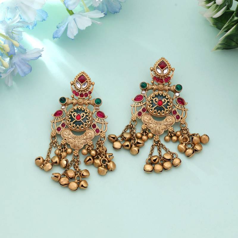 Rani & green color matte gold earrings