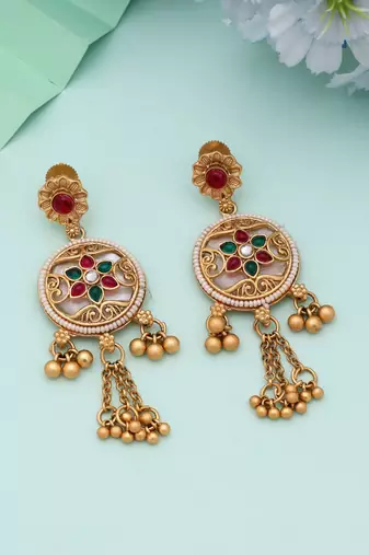 Rani & green color matte gold earrings