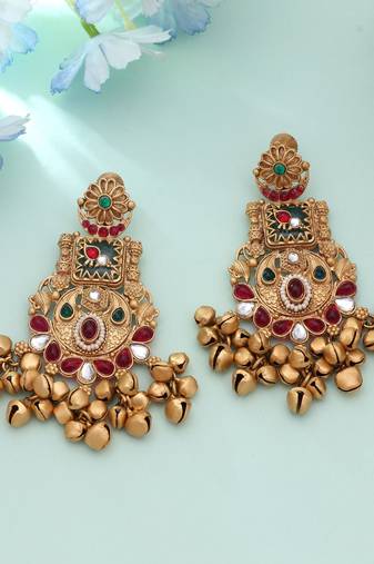 Rani & green color matte gold earrings