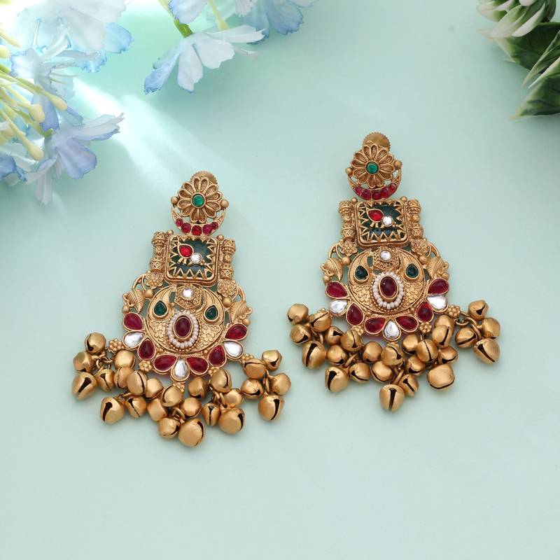 Rani & green color matte gold earrings
