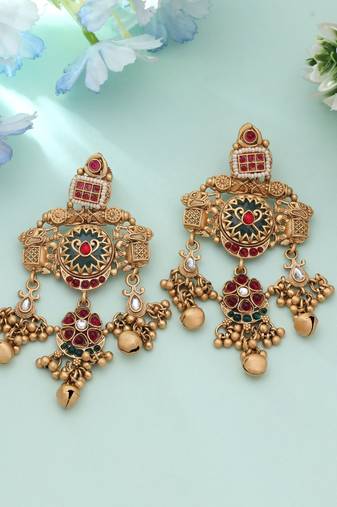 Rani & green color matte gold earrings