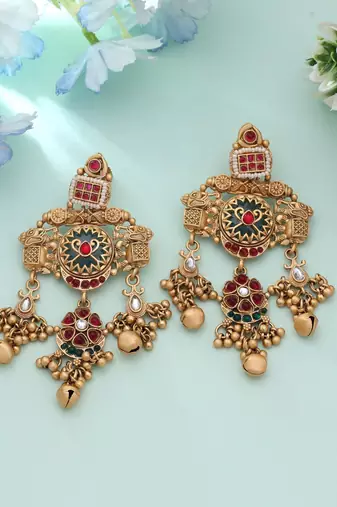 Rani & green color matte gold earrings