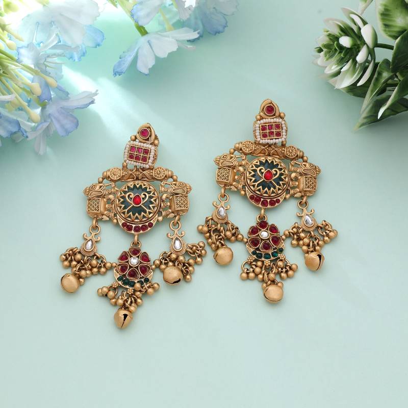 Rani & green color matte gold earrings