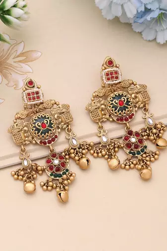 Rani & green color matte gold earrings