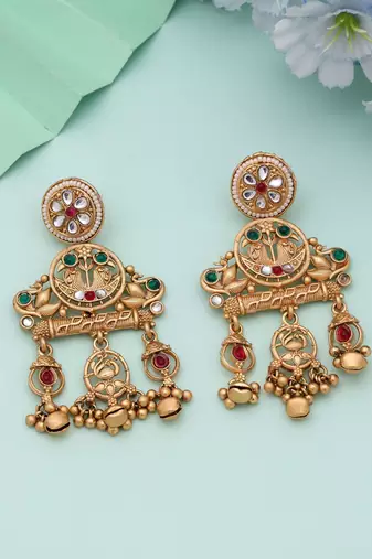 Rani & green color matte gold earrings